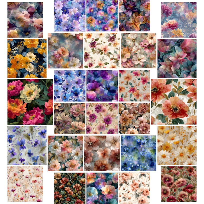 May include: A selection of watercolour floral patterns in diverse colours. The patterns showcase a variety of flowers, including roses, peonies, and daisies, in shades of pink, purple, yellow, and blue. Suitable for fabric, wallpaper, or other decorative uses.