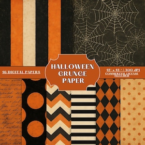May include: A collection of 16 digital Halloween-themed grunge papers. The designs include orange and black stripes, spiderwebs, polka dots, and chevron patterns. The papers are 12 x 12 inches and include a commercial license.