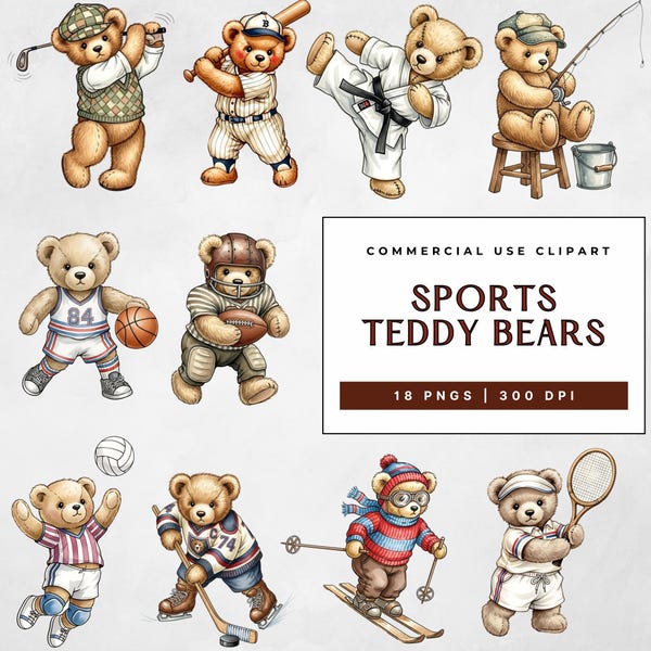 Clipart z misiami sportowymi, misie w stylu vintage w formacie PNG, akwarelowe ilustracje na baby shower, wystrój pokoju dziecięcego w tematyce sportowej, wykorzystanie komercyjne