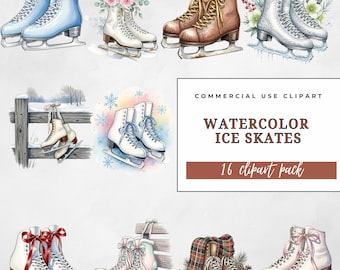 Paquete de imágenes prediseñadas de patines de hielo en acuarela, 16 ilustraciones PNG de patinaje invernal para sublimación y uso comercial.