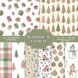 12 Whimsical Christmas Seamless Patterns, Minimal Holiday Digital Paper Pack, JPG, Personal & Commercial Use