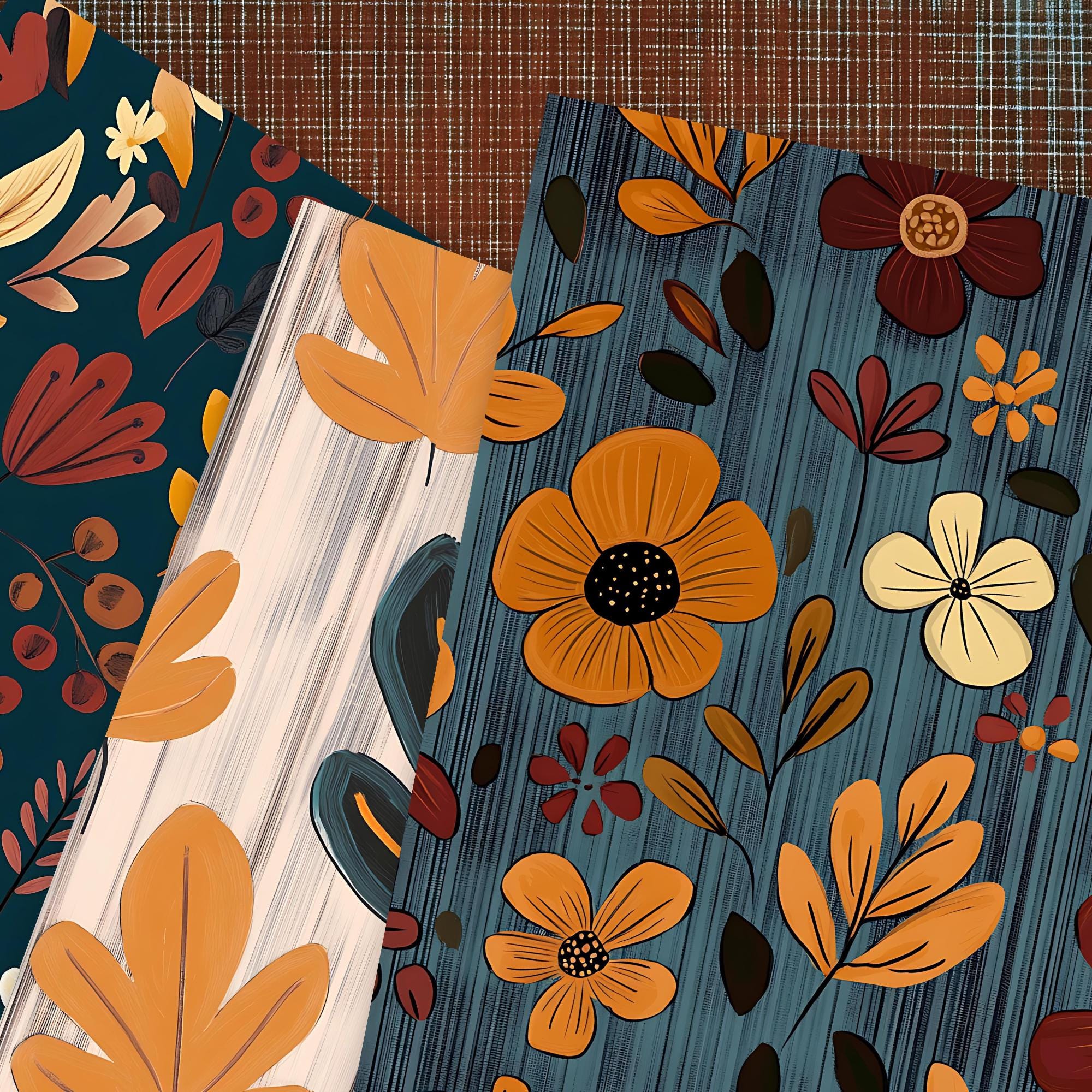 Boho Fall Floral Digital Paper Pack: Autumn Folk Art Backgrounds (12x12 ...