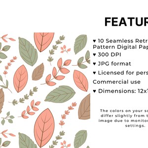 May include: A digital paper pack with 10 seamless retro flower patterns. The patterns are in shades of pink, green, and brown. The paper is 300 DPI and in JPG format. It is licensed for personal and commercial use. The paper is 12x12 inches.