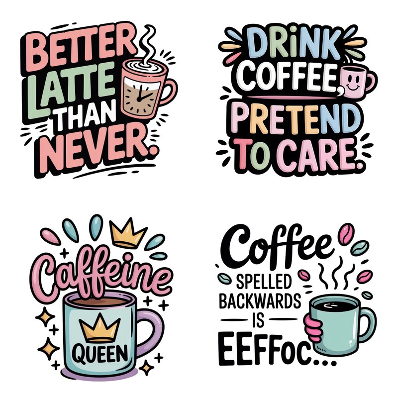 Op de afbeelding: Vier kleurrijke stickers met koffiethema. E&eacute;n zegt "Better Latte Than Never", een andere zegt "Drink Coffee Pretend To Care". De andere twee zeggen "Caffeine Queen" en "Coffee Spelled Backwards Is Eeffoc..."