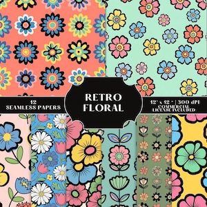 May include: A collection of 12 seamless retro floral papers. The papers feature colorful flower patterns in various designs, including daisies and stylized blooms. The color palette includes coral, mint green, pink, yellow, and blue. The text on the image reads "RETRO FLORAL" and "12" x 12" 300 DPI COMMERCIAL LICENSE INCLUDED".