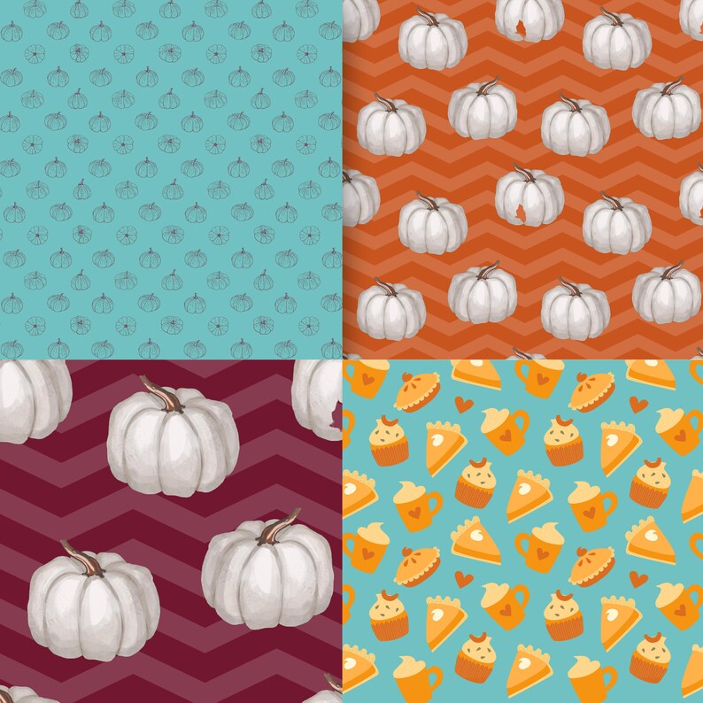 May include: Four seamless patterns featuring fall themes. The top left pattern is a light blue background with a white outline of pumpkins. The top right pattern is an orange and white chevron pattern with white pumpkins. The bottom left pattern is a burgundy and white chevron pattern with white pumpkins. The bottom right pattern is a light blue background with white pumpkins, orange pie slices, and white cupcakes with orange frosting.