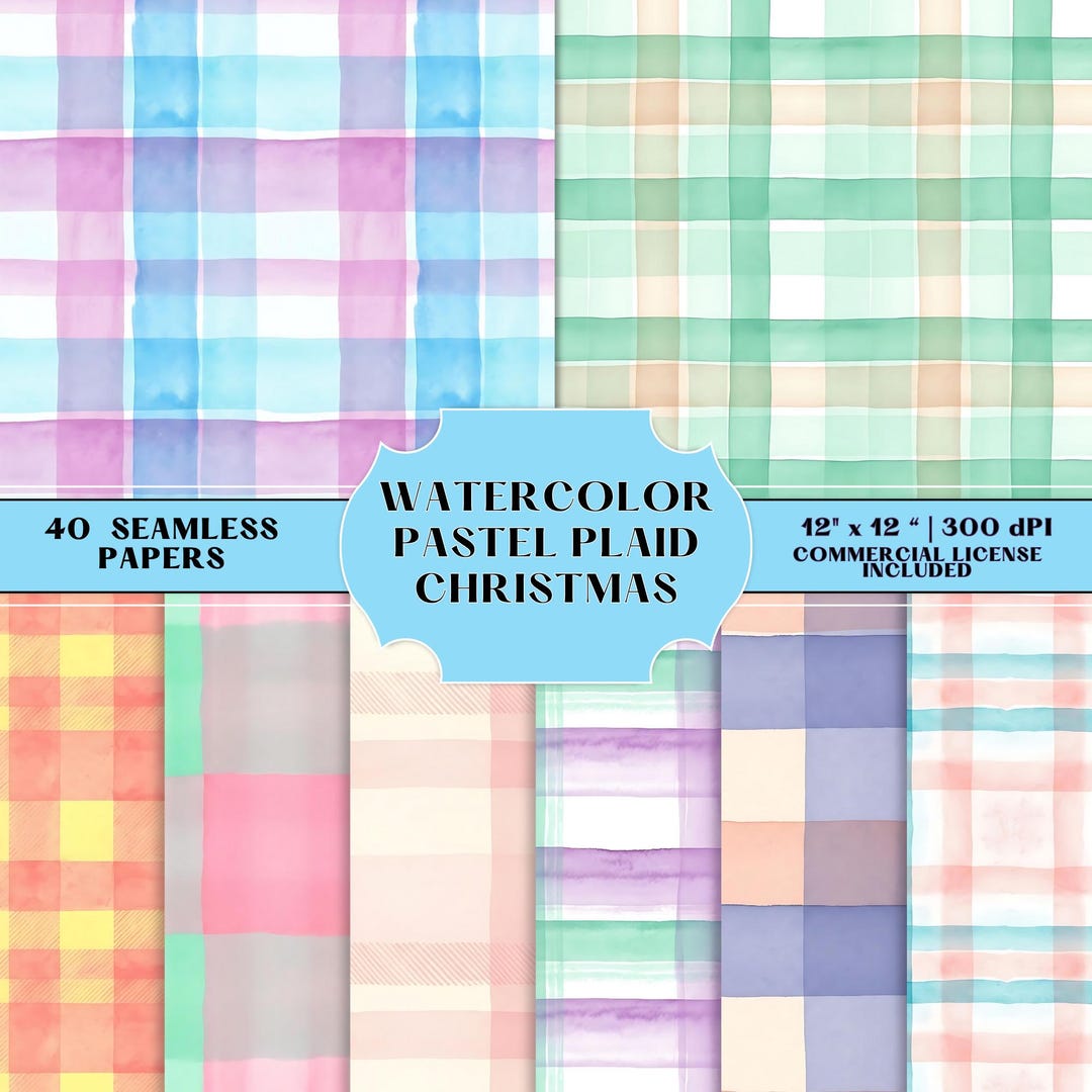 Watercolor Pastel Plaid Digital Paper, 40 Seamless Tartan Bundle ...
