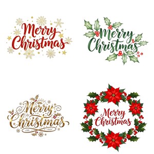 May include: Four Christmas designs with "Merry Christmas" text. One in red glitter with gold snowflakes and stars. Another in green with holly and red berries. A gold script design with holly and snowflakes. A wreath with red poinsettias.