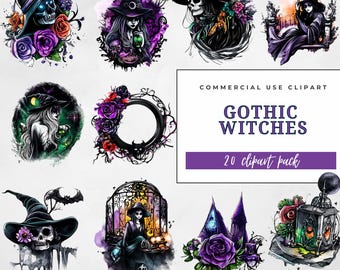 Gothic Witch Clipart Bundle, Dark Halloween Witches PNG, Spooky Sublimation Art, Commercial Use, Witchy Clip Art, Commercial Use