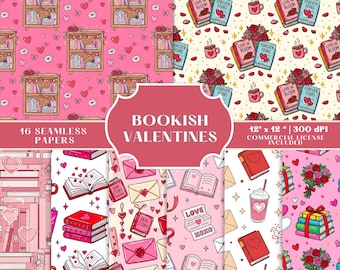 Bookish Valentijnsdag naadloze papieren bundel, digitaal plakboek boekenliefhebber, commercieel gebruik