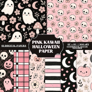 Puede incluir: Una colección de 12 papeles digitales con temática de Halloween Kawaii rosa y negro. Los patrones incluyen fantasmas, calaveras, calabazas, flores y lunas. Los papeles miden 30.48 cm x 30.48 cm e incluyen una licencia comercial. El texto de la imagen dice "Pink Kawaii Halloween Paper".