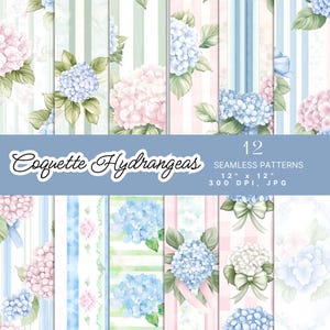 Kokette Hortensie Digital Paper Pack - 12 nahtlose Blumenmuster, Pastell Rosa und Blau Aquarell Scrapbook Papier, kommerzielle Nutzung