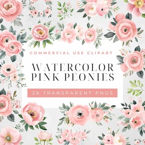 Clipart de peônias rosa aquarela. Flores de peônia Png, Gráficos florais de casamento romântico. Cartão de convite de casamento DIY, Uso comercial