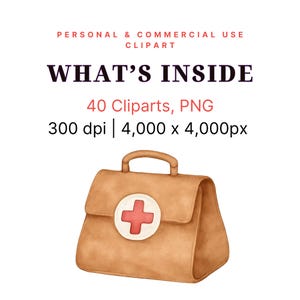 Puede incluir: Ilustraci&oacute;n en acuarela de un botiqu&iacute;n de primeros auxilios marr&oacute;n con un c&iacute;rculo blanco y un emblema de cruz roja. La imagen incluye el texto "WHAT'S INSIDE" y "40 Cliparts, PNG". El clipart es para uso personal y comercial.