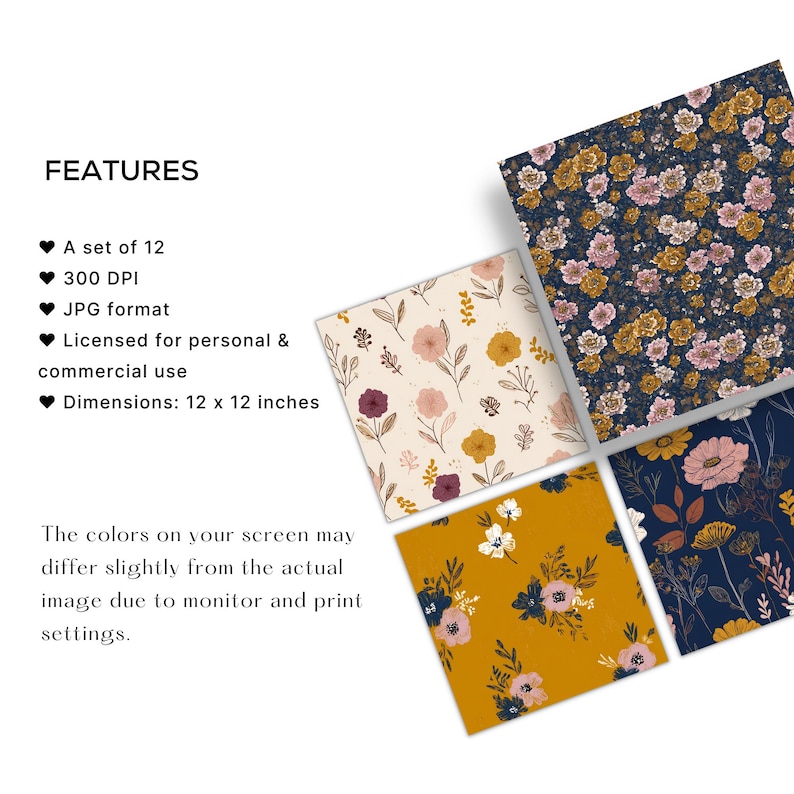 Seamless Fall Flowers Paper Pack, Autumn Digital Paper, Flower Pattern ...