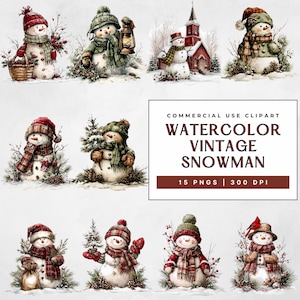 Vintage Christmas Snowman Clipart, 15 Watercolor Rustic Winter Holiday Png Graphics, Commercial Use