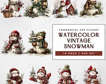 Vintage Weihnachten Schneemann Clipart, 15 Aquarell Rustikal Winter Urlaub Png Grafiken, kommerzielle Nutzung