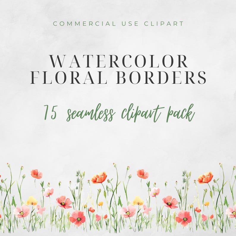 May include: Watercolor floral border clipart pack with 15 seamless designs. The border features pink and orange flowers with green leaves and stems.
