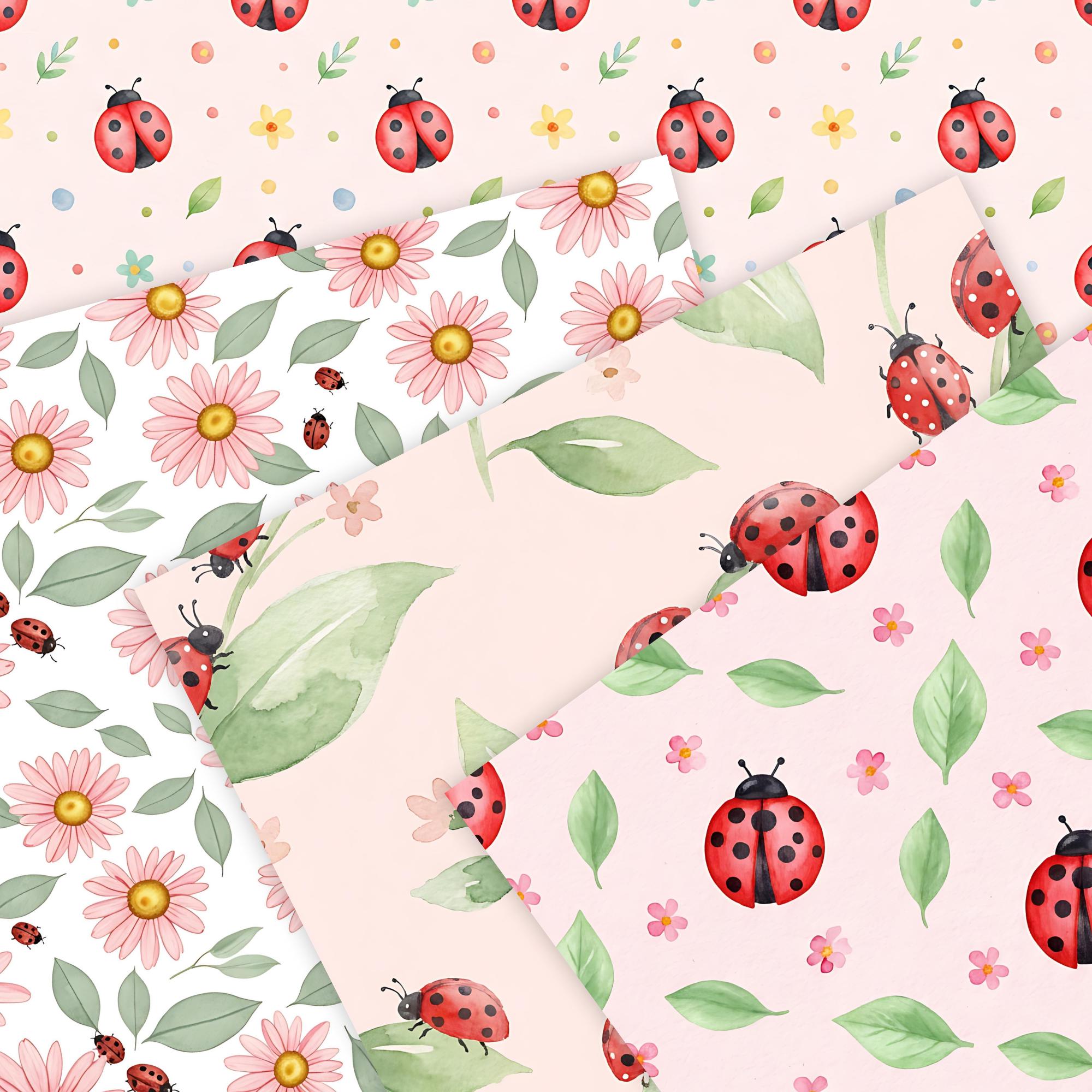 Ladybug Daisy Floral Seamless Pattern Bundle, Spring Bug Digital ...