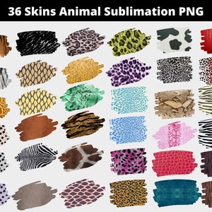 May include: 36 digital animal print patterns in PNG format. The patterns include zebra, tiger, leopard, cheetah, snake, giraffe, cow, and more. The patterns are in various colors, including black, white, brown, orange, yellow, green, blue, red, and pink.