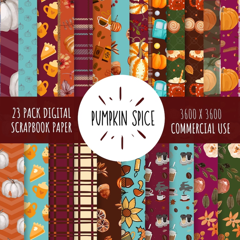 May include: 23 pack of digital scrapbook paper with a pumpkin spice theme. The papers feature various fall-themed patterns, including pumpkins, leaves, coffee cups, and plaid. The papers are 3600 x 3600 pixels and are for commercial use.