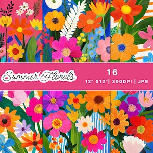 May include: A vibrant digital art print featuring a collage of colorful flowers in shades of pink, orange, yellow, and blue. The text "Summer Florals" is displayed on a pink banner, along with the number "16" and the dimensions 12" x 12".