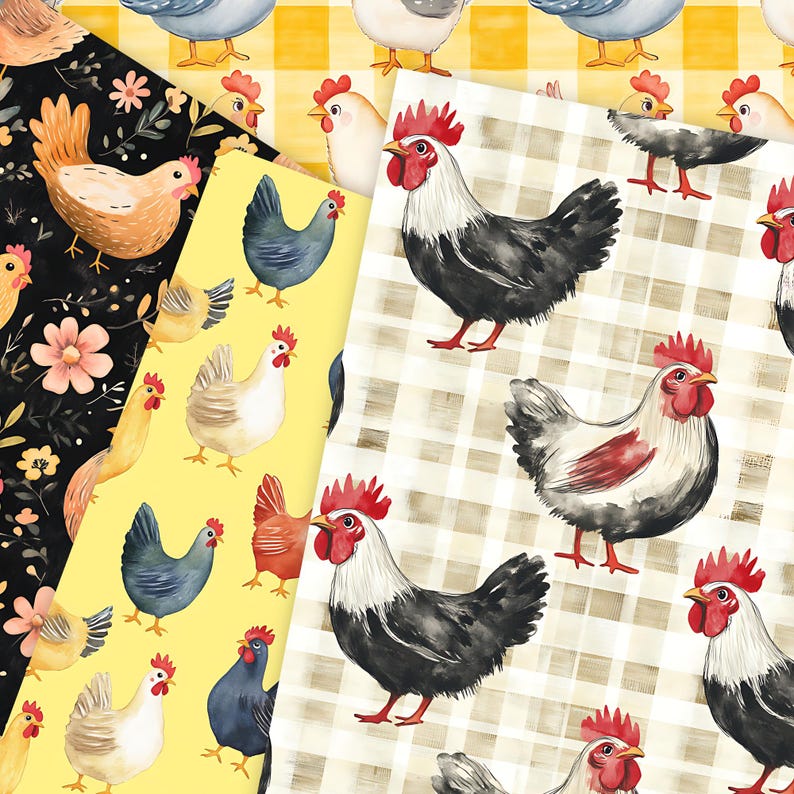 Chicken Pattern Seamless Digital Paper, Farm Roosters Pattern ...
