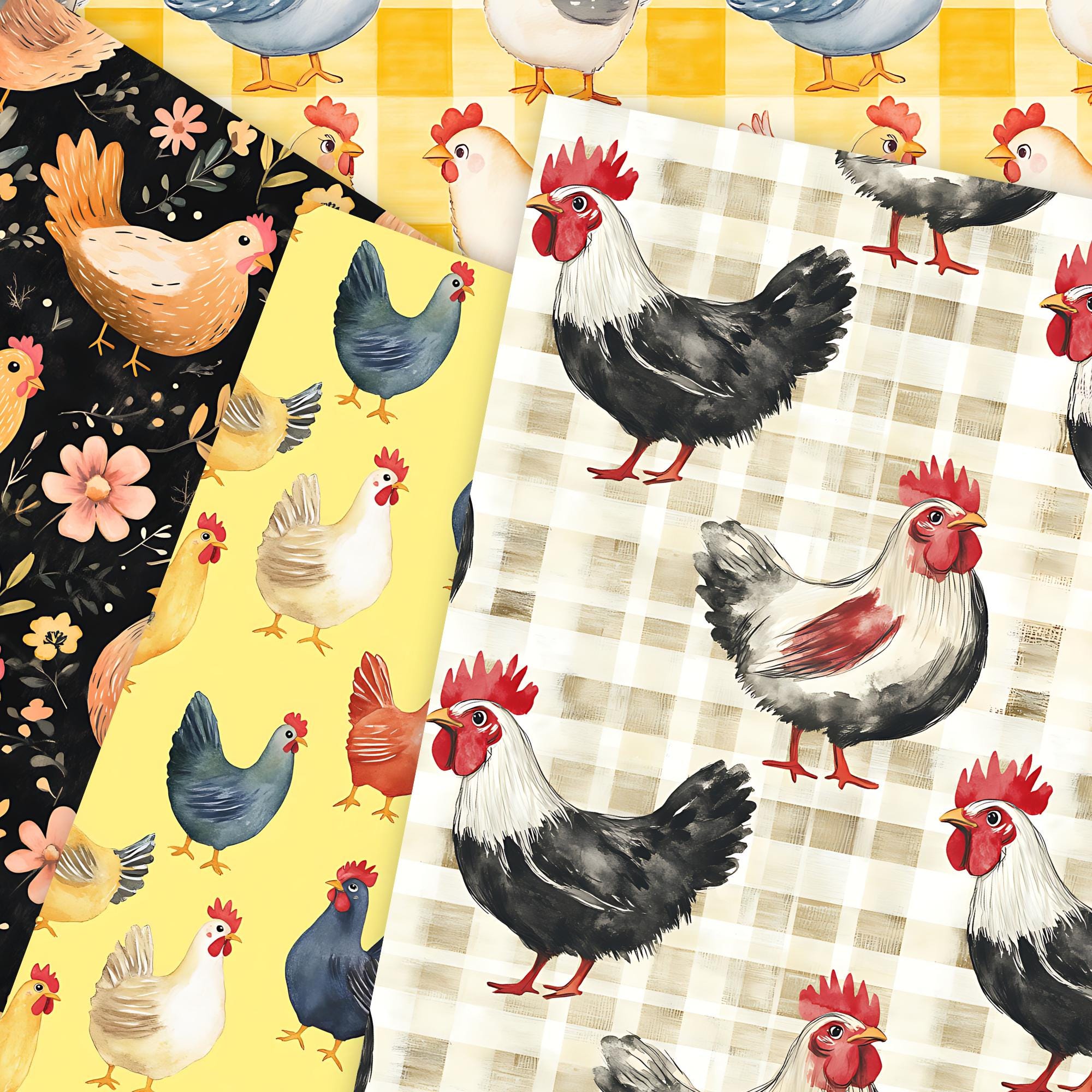Chicken Pattern Digital Chicken Pattern Seamless Digital Paper, Farm Roosters Pattern ...