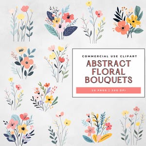 Pacote de clipart de buquê floral abstrato, 20 buquês de flores em aquarela PNG, flores digitais de alta qualidade, download para uso comercial