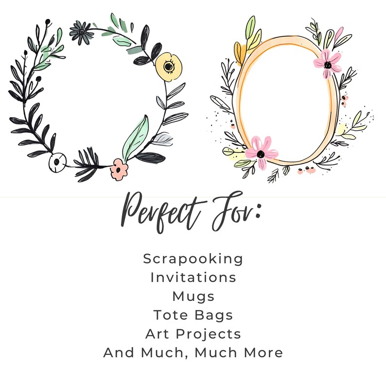 May include: Two floral wreaths with a white background. The wreath on the left is black and has green and pink flowers. The wreath on the right is gold and has yellow, pink, and green flowers. The text "Perfect For:" is below the wreaths, followed by a list of uses for the wreaths, including scrapbooking, invitations, mugs, tote bags, art projects, and more.