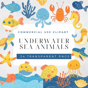 Underwater Sea Clip Art, Cute Sea Creatures, Ocean Aquatic, Crab, Shark, Fish, Turtles, Sea lions Png, Commercial Use