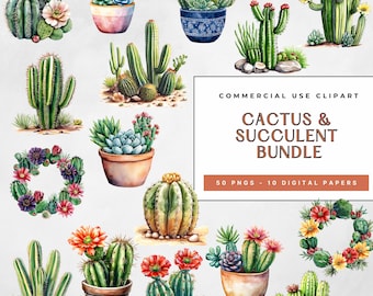 Lot de cliparts aquarelle cactus : succulents PNG et papiers numériques