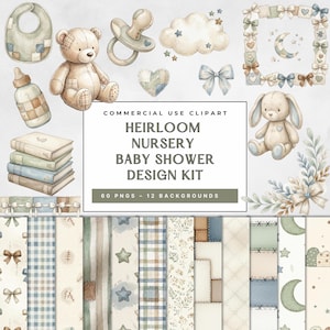 Kit de conception de baby shower de chambre d'enfant héritage, graphismes neutres vintage pour nouveau bébé, usage commercial