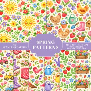 May include: A collection of 16 seamless spring patterns. The designs feature cheerful illustrations of smiling suns, flowers, strawberries, chickens, watering cans, boots, birds, and tractors. The patterns are 12 x 12 inches and 300 DPI, with a commercial license.