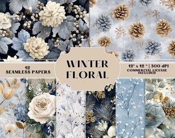 Blue Winter Flowers, Floral Winter Pattern Seamless Backgrounds Scrapbook Paper, Commercial Use