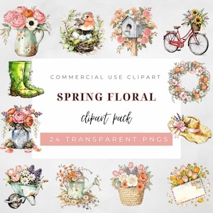 Puede incluir: Una colección de imágenes prediseñadas florales de primavera en acuarela. La imagen incluye una variedad de arreglos florales, una casa para pájaros, una bicicleta roja con una cesta de flores y botas de agua verdes. El texto dice "SPRING FLORAL clipart pack".
