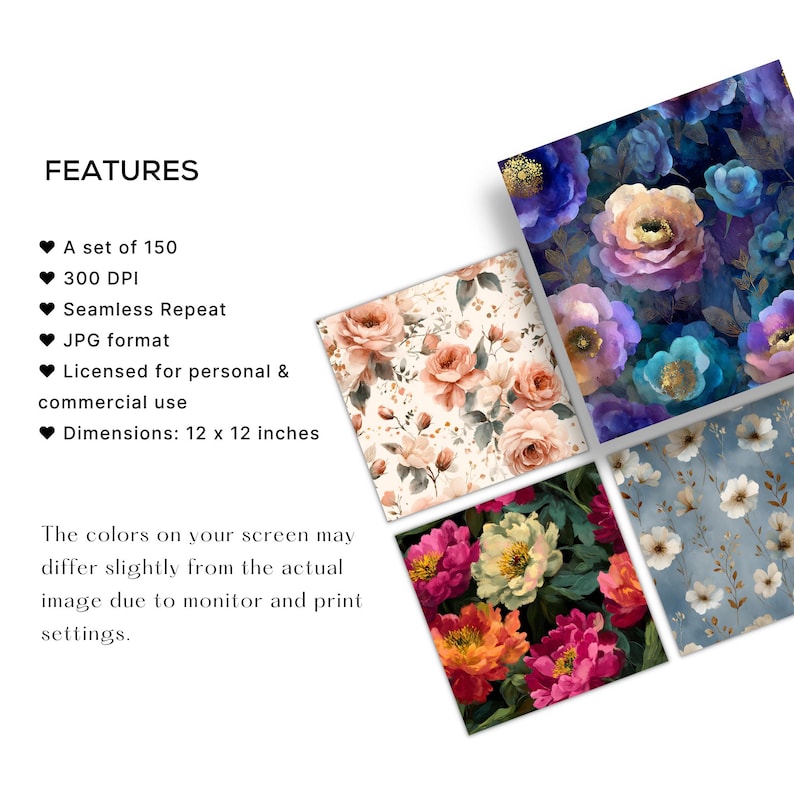 May include: A selection of floral pattern designs featuring roses and other flowers in diverse colour schemes. Each design measures 30.48 x 30.48 cm. The image also details features like 300 DPI and seamless repeat.