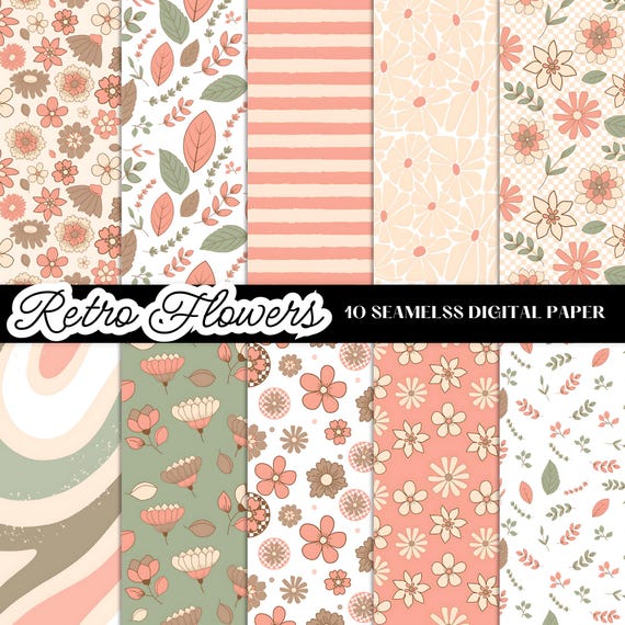 Retro Flowers Seamless Repeatable Pattern, Floral Spring Backgrounds, Printable Digital Paper, Retro Floral Pattern,  Commercial Use