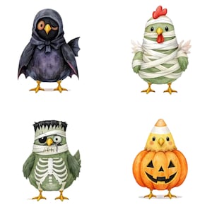 Może przedstawiać: Akwarelowe ilustracje czterech ptak&oacute;w o tematyce Halloween. Jeden jest przebrany za ponurego żniwiarza, inny za mumię, trzeci za potwora Frankensteina, a ostatni jako hybryda cukierk&oacute;w kukurydzianych i dyni. Każdy ptak ma ż&oacute;łte nogi.