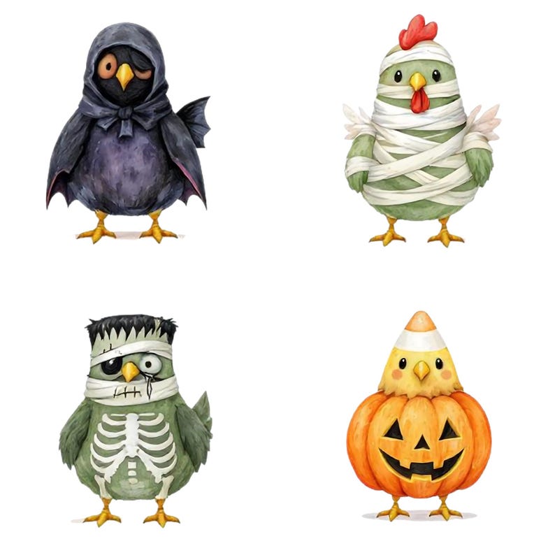 Może przedstawiać: Akwarelowe ilustracje czterech ptak&oacute;w o tematyce Halloween. Jeden jest przebrany za ponurego żniwiarza, inny za mumię, trzeci za potwora Frankensteina, a ostatni jako hybryda cukierk&oacute;w kukurydzianych i dyni. Każdy ptak ma ż&oacute;łte nogi.