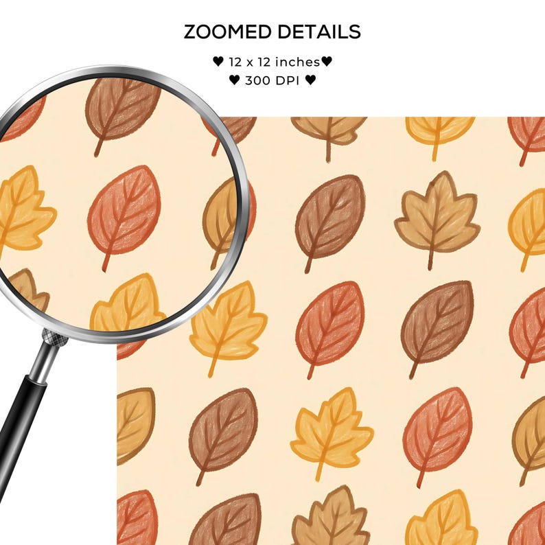 K&ouml;nnte beinhalten: Ein sich wiederholendes Muster stilisierter Herbstbl&auml;tter in Braun-, Orange- und Gelbt&ouml;nen auf cremefarbenem Hintergrund. Der Text "ZOOMED DETAILS" steht oben, darunter "12 x 12 inches" und "300 DPI". Das Muster ist 30,48 cm x 30,48 cm gro&szlig;.