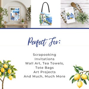 Puede incluir: Una ilustraci&oacute;n digital de una escena costera mediterr&aacute;nea con un edificio azul y blanco, un barco azul y un cielo azul. La ilustraci&oacute;n es perfecta para proyectos de manualidades, como scrapbooking, invitaciones, arte de pared, toallas de t&eacute;, bolsas de mano y proyectos de arte.