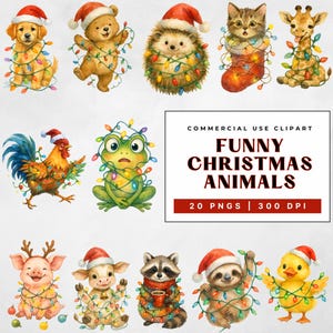 Watercolor Christmas Animals Clipart: Funny Holiday PNG Bundle (Commercial Use