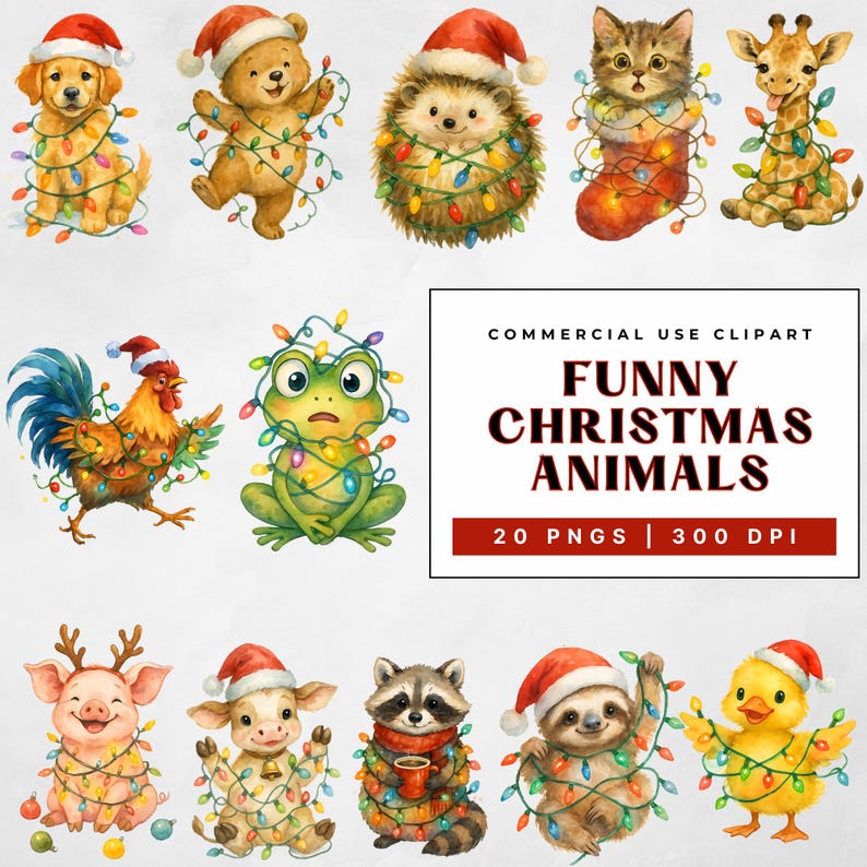 May include: A collection of watercolour illustrations featuring festive animals such as a dog, bear, hedgehog, cat, and giraffe, each adorned with Santa hats and Christmas lights. Other animals include a rooster, frog, pig, cow, raccoon, sloth, and duck. Text: "FUNNY CHRISTMAS ANIMALS".