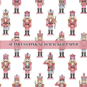 May include: A repeating pattern of pink nutcracker figures on a white backdrop. The toy soldiers are depicted in pink uniforms with gold detailing, black boots, and decorative hats. The image includes the text "SEAMLESS PINK NUTCRACKER PAPER" across the image.