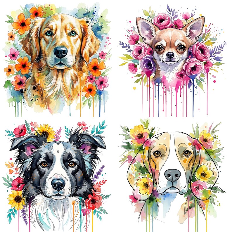 Watercolor Floral Dog Clipart Bundle, Pet Clip Art Png, Cute Puppy ...