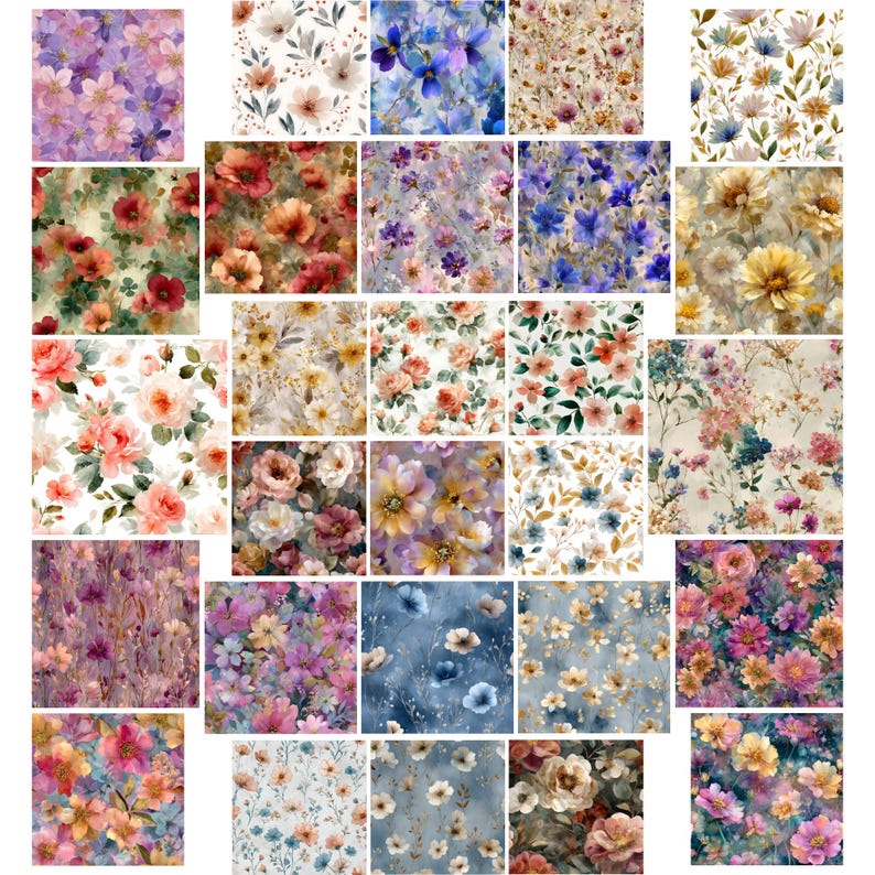 May include: A selection of floral fabric samples showcasing diverse patterns and colours. The designs feature watercolour-style flowers in pink, purple, blue, yellow, and orange. Some have a vintage or botanical aesthetic.