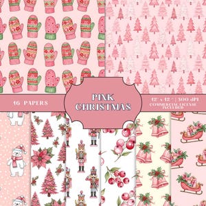 Pink Christmas Digital Paper Seamless Bundle,16 Watercolor Holiday Patterns, Xmas Scrapbook Backgrounds, Commercial Use