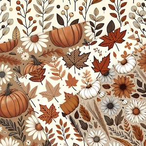 May include: A selection of autumn-themed patterned papers. The designs feature pumpkins, maple leaves, and daisies in shades of brown, orange, and cream. Detailed illustrations of fall foliage and floral elements are visible.