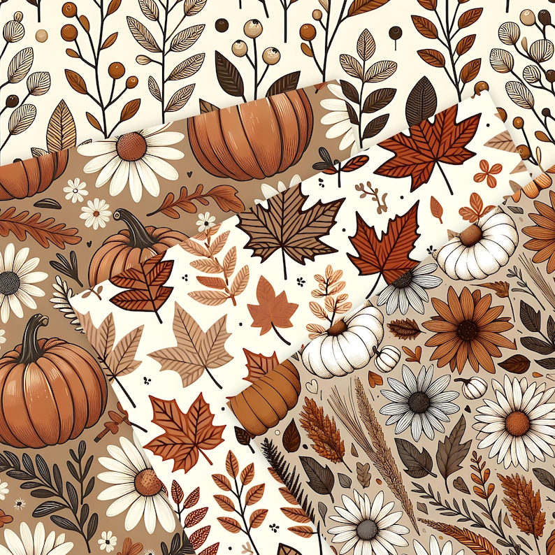 May include: A selection of autumn-themed patterned papers. The designs feature pumpkins, maple leaves, and daisies in shades of brown, orange, and cream. Detailed illustrations of fall foliage and floral elements are visible.